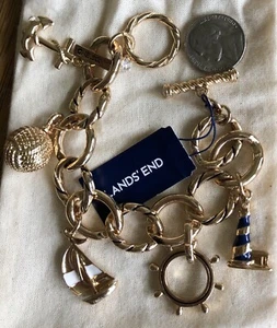 Lands' End Nautical Charm 6.5"-7" Bracelet Large Curb Link High-Polish Goldtone - Bild 1 von 4