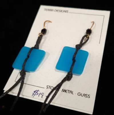 Handmade Artisan Crafted Dangle Earrings CZECH Bead & Art Glass Beach Blue Black - Image 1 of 4