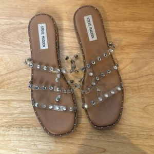 Steve Madden Lyna Flat Sandals Rhinestones Bling  Acrylic Womens Size 8 Narrow - Picture 1 of 7