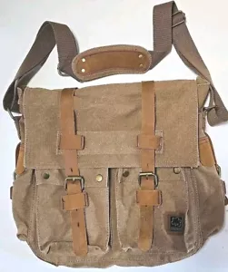 Borsa messenger Sechunk vintage militare pelle marrone e tela sabbia taglia grande - Foto 1 di 11