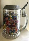 Vtg Glass Beer Stein With Pewter Lid Colorful Horses And Flowers Mint Cond