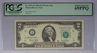 $2 Federal Reserve Note Fr. 1937-I* 2003 $2 FW Star Note PCGS 69PPQ - Image 1 of 3