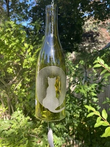 Hand Made Wind Chime Bottle with Sand Blasted Image of Cat Watching The Moon - Picture 1 of 2