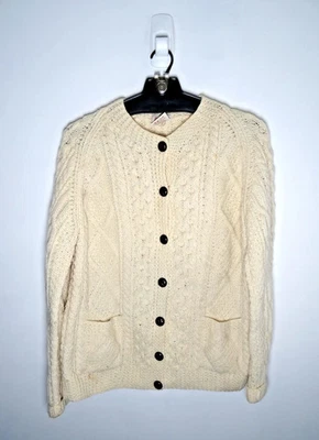 复古电缆针织羊毛开衫毛衣 XL 女式 80 年代渔夫米色纽扣 — 第 1/3 张图片