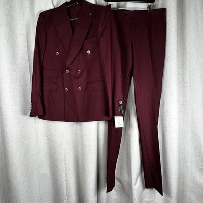 ¡NUEVO! Traje Blazer Pantalones Daniel Espino Para Hombres 52 Borgoña Lana Sin Dobladillo Botones Dorados Foto 1 de 4