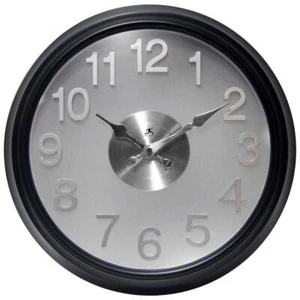 Wall Clock Black Case Round Bold Modern Glass Lens Silver Face Quartz Movement - Picture 1 of 5