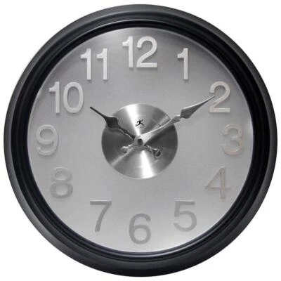 Wall Clock Black Case Round Bold Modern Glass Lens Silver Face Quartz Movement - Image 1 of 4
