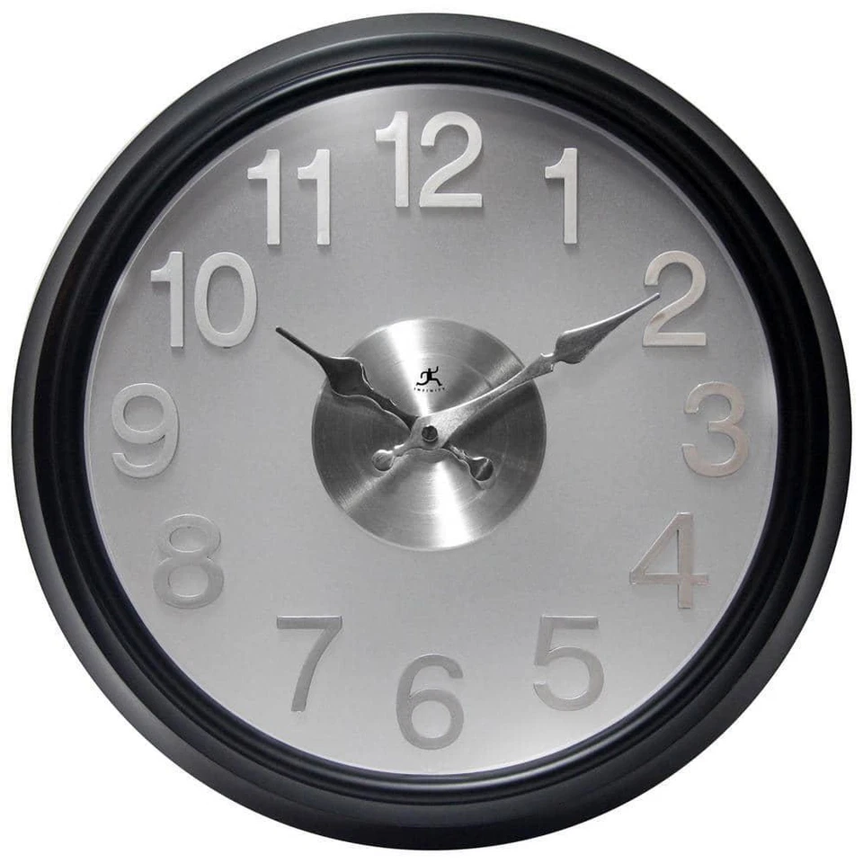 Wall Clock Black Case Round Bold Modern Glass Lens Silver Face Quartz Movement - Image 1 of 4