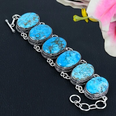 Pulsera de plata de ley 925 hecha a mano con piedras preciosas turquesa tibetana genuina Foto 1 de 4