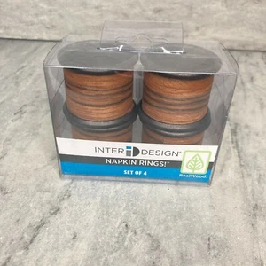 New InterDesign iDesign Brown Black Real Wood Woodgrain Napkin Rings Set of 4 - Picture 1 of 3
