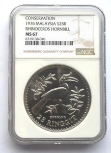 Malaysia 1976 Rhino Hornbill 25 Ringgit NGC MS67 1oz Silver Coin,UNC - Picture 1 of 2