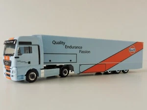 MAN TGX XXL GULF OIL 1/87 H0 Herpa 311335 Renntransporter-Sattelzug - Picture 1 of 12