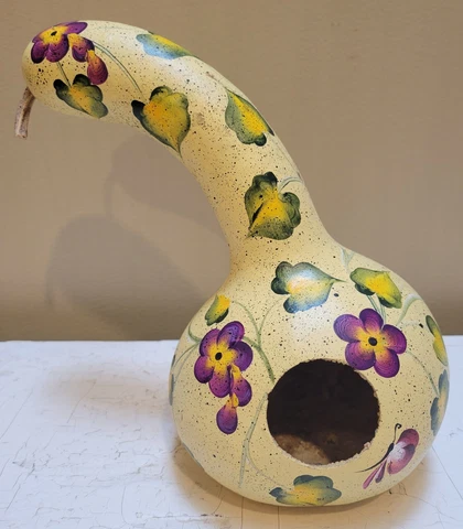 Handpainted Gourd Birdhouse, Pansies, Floral, Spring, Summer, Signed , Purple Cover