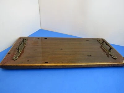 Dark Wood Lacquered Footed Butler Tray Ornate Handles Rustic Rack - Image 1 of 4