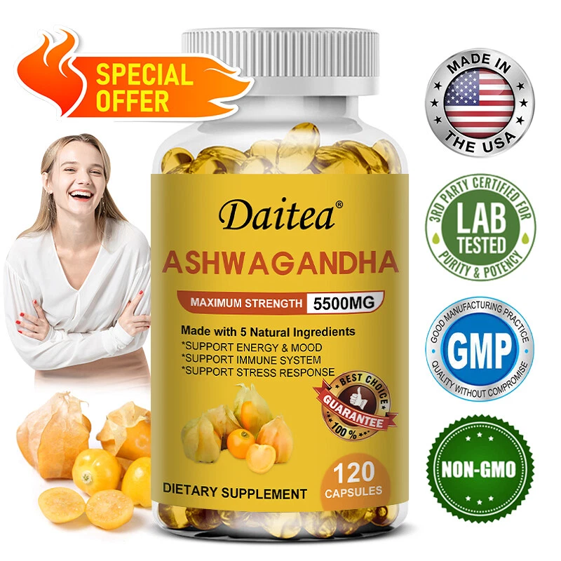 DAITEA Ashwagandha Capsule Alta Resistenza 5500MG Contiene 5 Ingredienti Naturali