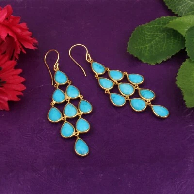 925 Silver 18K Gold Plated Turquoise Gemstone Wedding Chandelier Earrings - Image 1 of 4