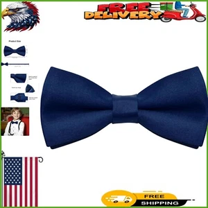 Adjustable Kids Bow Tie - Classic Solid Navy Blue Satin for Weddings & Parties - Picture 1 of 9