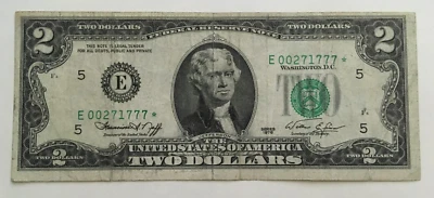 1976 Two dollar bill  Dollar Star Note  triple 777 Fancy number  E 00271777 * - Image 1 of 2