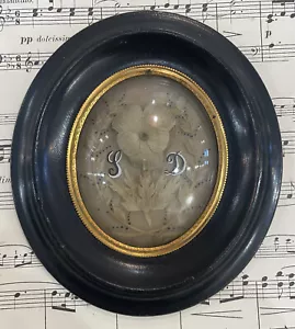 Antique French Mourning Hair Art Domed Glass Wooden Frame Flower Pansy c1880 - Picture 1 of 6