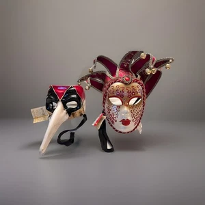 Venetian Italian Hand-Painted Masks Set of 2 Woman Jester And Long Nosed Mans - Picture 1 of 17