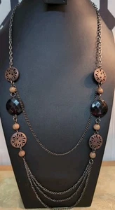 Long Necklace Pierced Wooden Discs & 2 Large Amber Color Beads and Chains - Picture 1 of 4