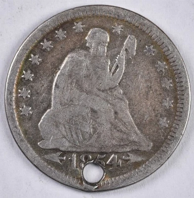 Moeda de 25 centavos de prata 1854 com flechas Seated Liberty - Furada  - Imagem 1 de 2