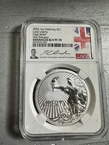 2025 Aldemey 1 oz Silber PP Lady Liberty HR NGC REV PF70 signiert Jody Clark - Bild 1 von 4