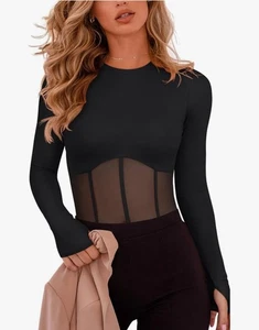 REORIA Women's Trendy Sexy Crew Neck Thumbholes Long Sleeve Bodysuit XL - Picture 1 of 6