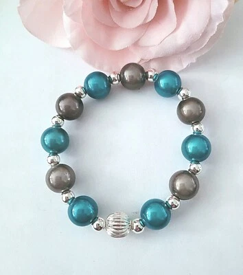 Sylvie's Magic 3D Perlen 12mm Armband taupe türkis silber, 19 cm, dehnbar/0097 - Bild 1 von 4