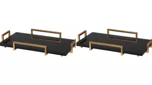 TWO MODERN 24" BLACK BEVELED GLASS SERVING TRAY GOLD LEAF HANDLES UTTERMOST - Picture 1 of 2