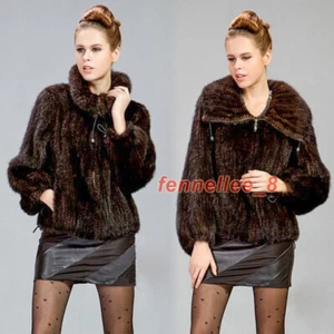 100% Real Genuine Knitted Mink Fur Coat Womens Casual Zip Jacket Outwear Winter - Picture 1 of 15