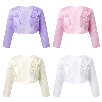 Kids Flower Girl Bolero Shrug Coat Long Sleeve Cardigans Jacket Beaded Cover up - Image 1 of 3