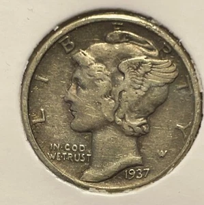 USA 10 cents 1937 Mercury Dime KM#140 Philadelphia .900Ag Silver aF/VF B1497 - Picture 1 of 8