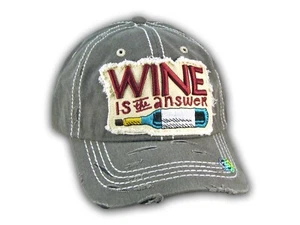 Dark Gray Wine Is The Answer Washed and Distressed Baseball Cap - Picture 1 of 4