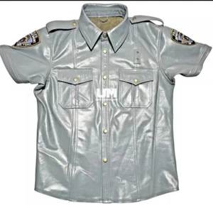 Camicia da uomo in vera pelle grigia NYPD stile polizia pelle gay camicia uniforme BLUF - Foto 1 di 4