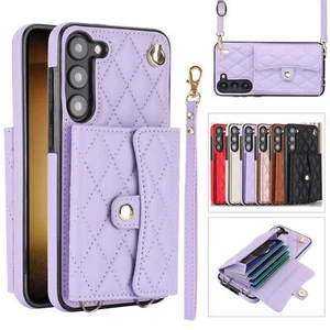 Credit Card Slots Wallet Grid Leather Two Lanyards Case For Samsung Galaxy Phone - Picture 1 of 56