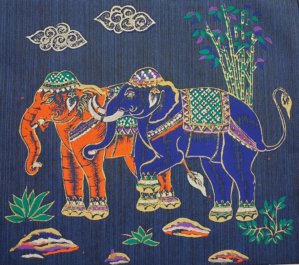 Thai Art Silk Painting Animal Posters Print Colorful 2 Elephant Asian Home Decor - Image 1 of 3