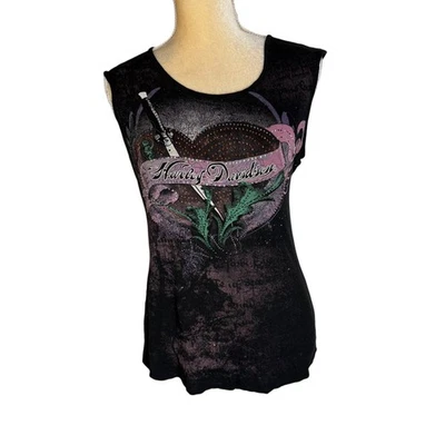 Camiseta sin mangas Harley Davidson para mujer negra con estrás corazón talla mediana Moto Foto 1 de 4