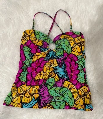 Y2k Bongo Tankini Swim Top Strappy Underwire estética borboletas vintage M - Imagem 1 de 4