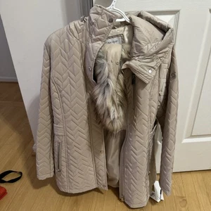 Calvin Klein Pink Beige Women's Long Hooded Lightweight Puffer Coat Size Medium - Picture 1 of 5