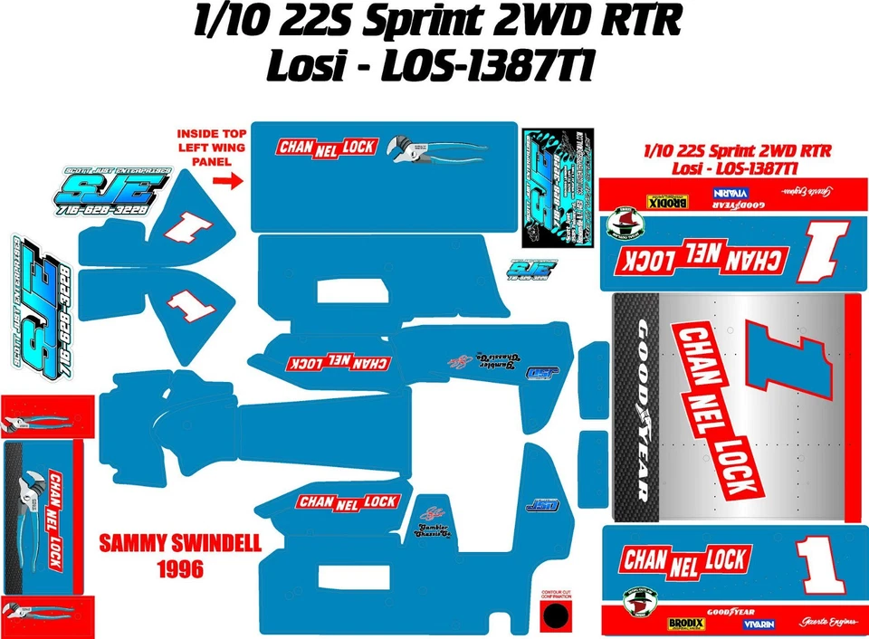 TEAM LOSI 22S  1X10 SPRINT LOS-1387T1  SAMMY SWINDELL 1996 CHNL DECAL WRAP KIT - Image 1 of 1