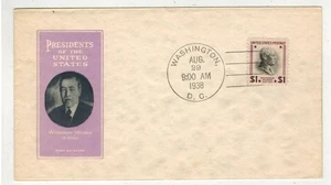 1938 PRESIDENTIAL SERIES FDC HIGH VALUE $1 WOODROW WILSON 832 IOOR LILAC COLOR - Picture 1 of 1