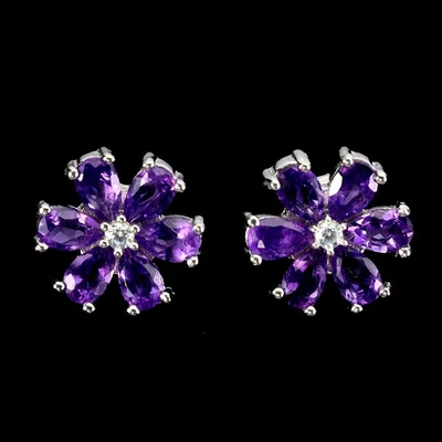 Pendientes de plata de ley 925 pera amatista 5x3 mm flor piedras preciosas naturales joyería Foto 1 de 4