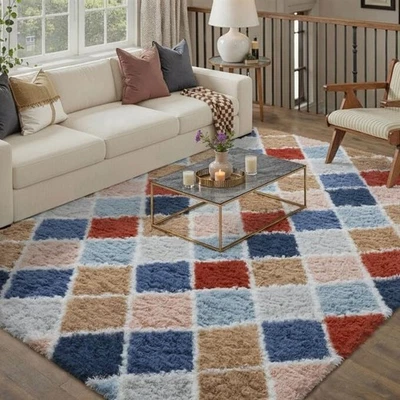 Alfombra mullida de felpa a cuadros 8x10 alfombra grande para dormitorio sala piso Foto 1 de 4