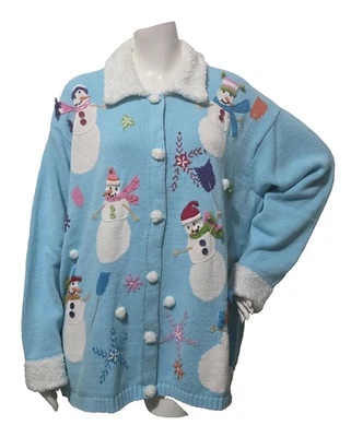Vtg Storybook Knits 3X Cardigan Sweater Snowman Blue Button Up Winter Holiday - Image 1 of 4