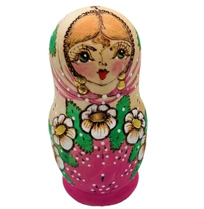Matryoshka Russian Nesting Doll Wood Burn Painted Wooden Pink Set Of 5 Signed 6” - Picture 1 of 24
