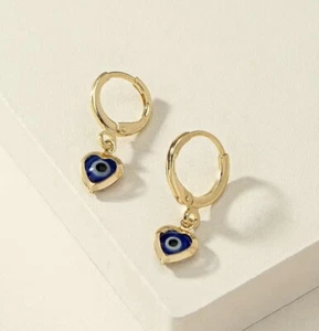 14k Gold Plated Evil Eye Heart Shape Dangle Earrings! - Picture 1 of 6