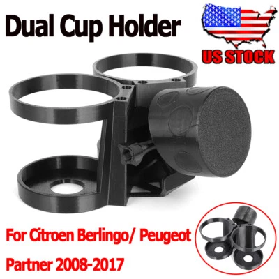 Black Double Drink Cup Holder For Citroen Berlingo/ Peugeot Partner 2008-2017 US Foto 1 de 4