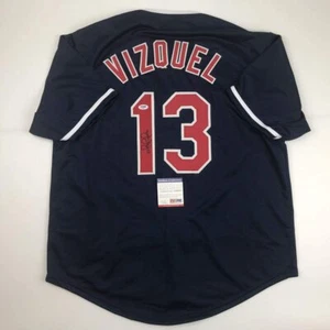 Autographed/Signed OMAR VIZQUEL Cleveland Blue Baseball Jersey PSA/DNA COA Auto - Picture 1 of 4