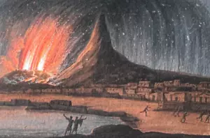 Antiguo dibujo italiano, paisaje de Nápoles, erupción volcán Vesubio del 79 - Imagen 1 de 8